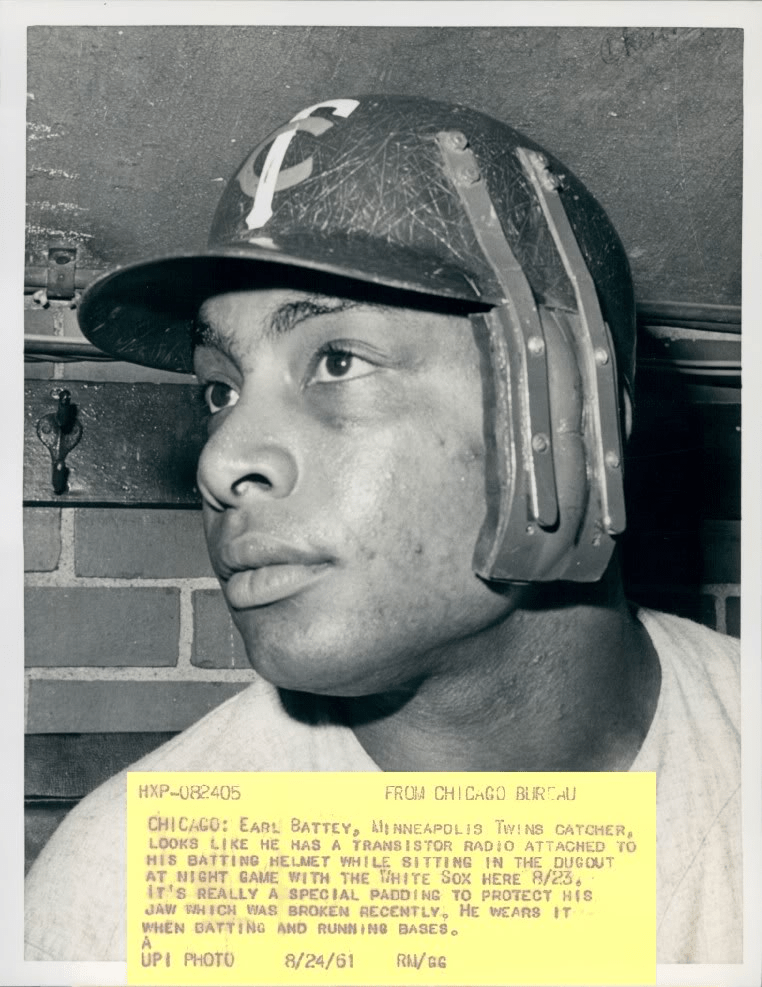 After having his jaw broken, Twins catcher Earl Battey wore this attachment to protect himself. [ESPN]