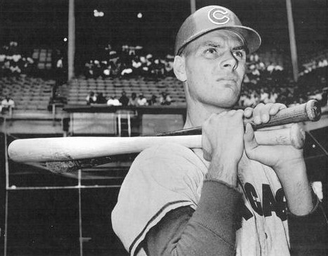 Chicago Cubs player Jerry Kindall is photographed in 1961 wearing a batting helmet.